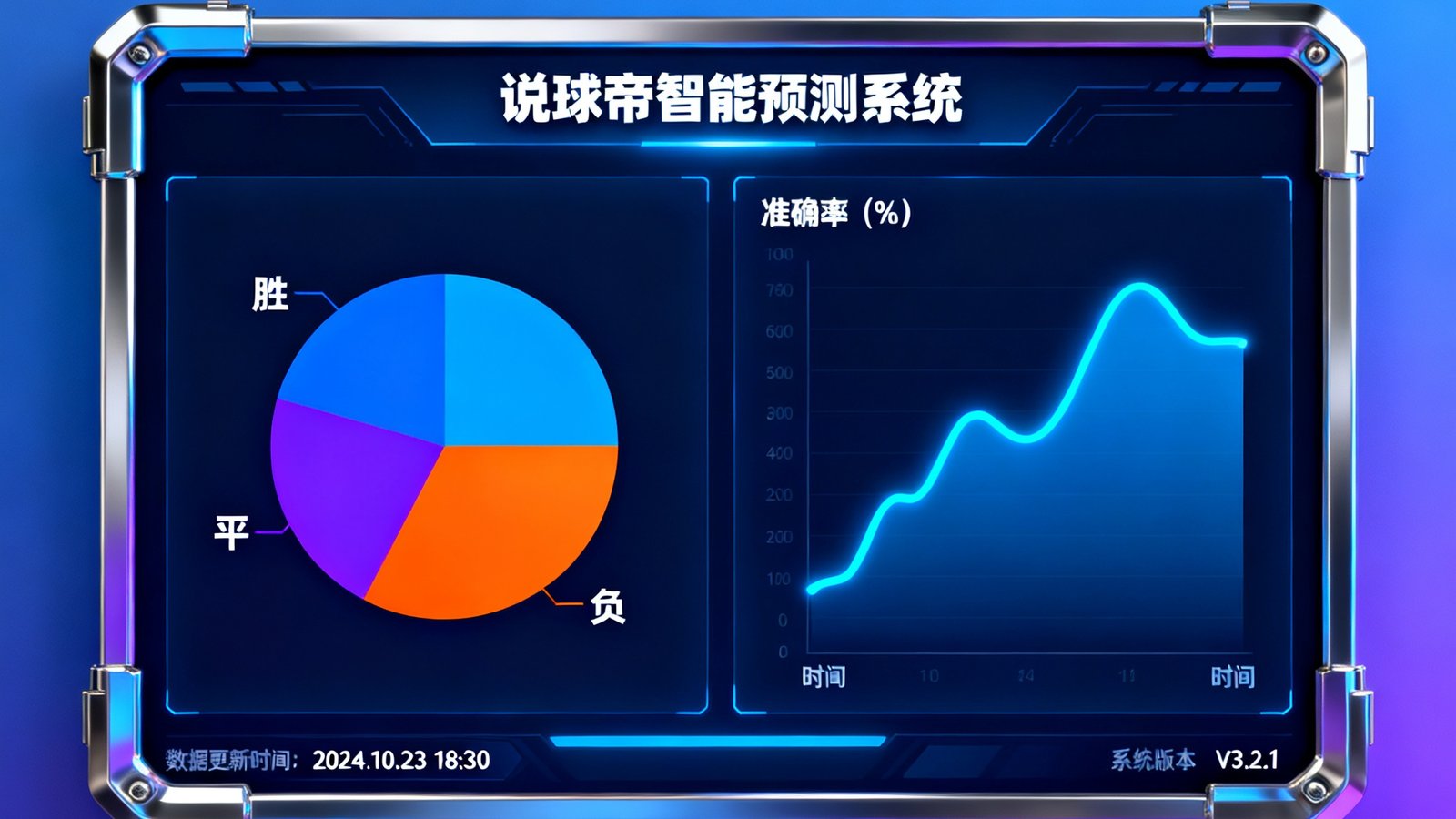 说球帝智能预测系统的数据可视化界面，展示胜平负概率分布饼图和历史准确率趋势曲线，科技感十足