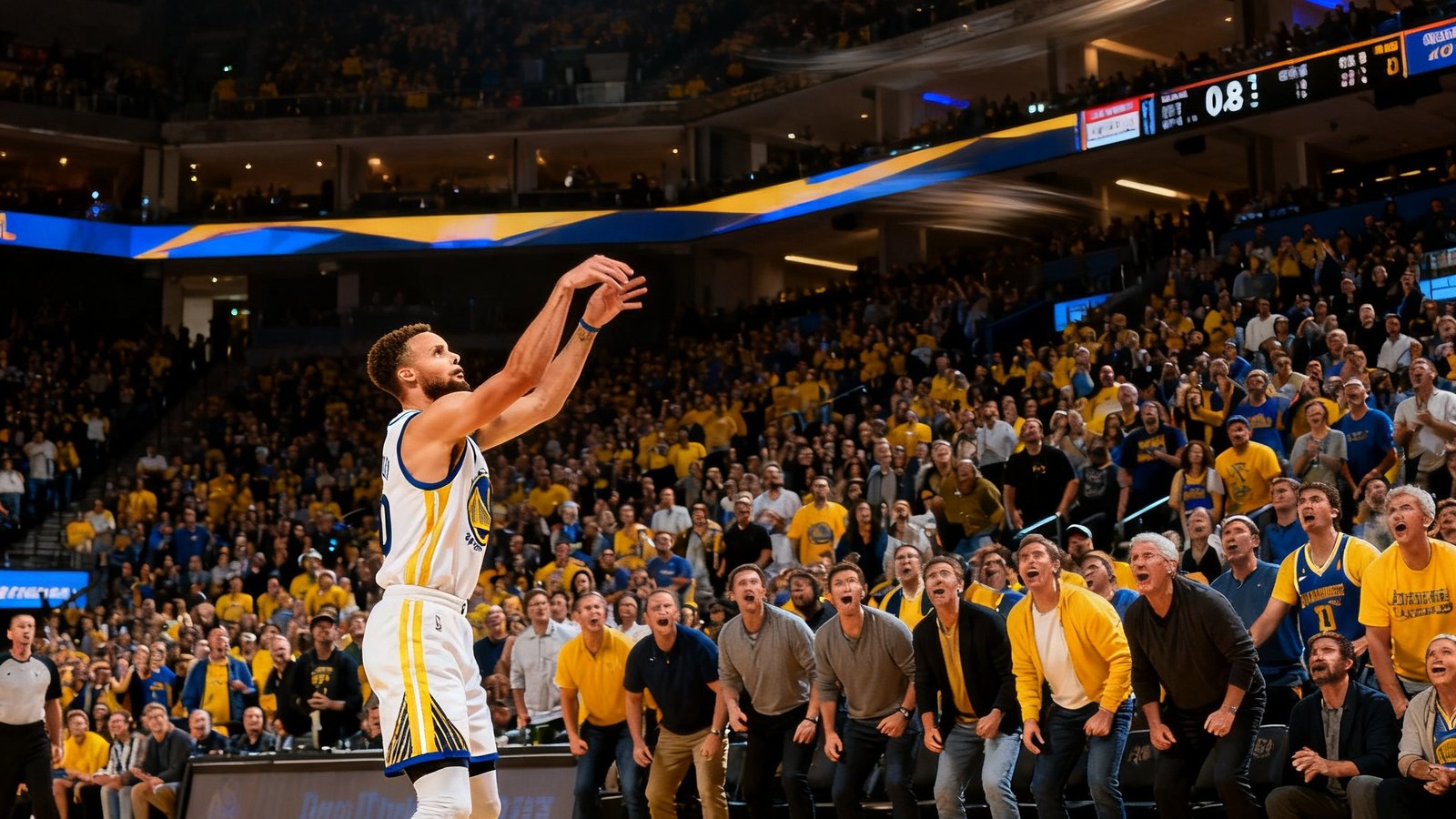 NBA赛场上库里在终场前0.8秒投出超远三分绝杀，篮球正在空中飞行，全场观众起立屏息等待的震撼瞬间