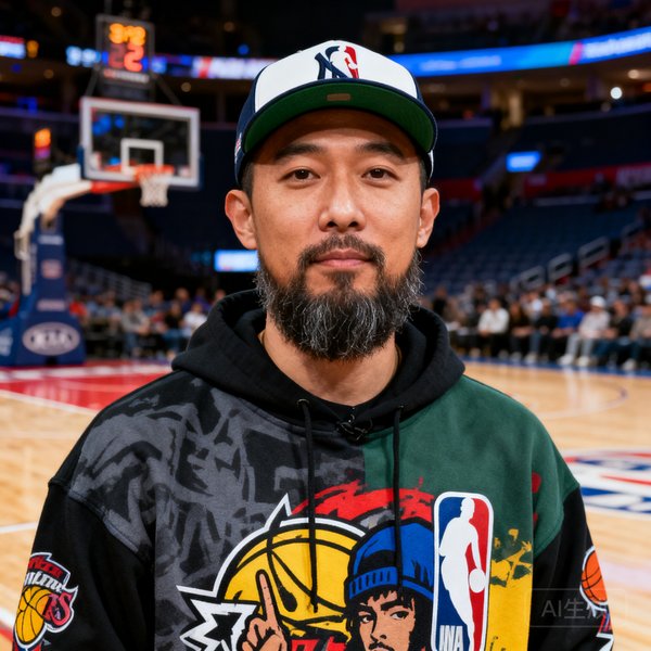 说球帝NBA评论员阿Ken，32岁，戴棒球帽，留胡须，穿嘻哈风格卫衣，背景是篮球场